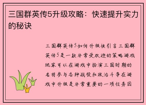 三国群英传5升级攻略：快速提升实力的秘诀